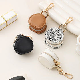 Personalized Gift Custom Portable Jewelry Box Pu Leather Travel Earring Ring Mini Round Jewelry Box With Keychain