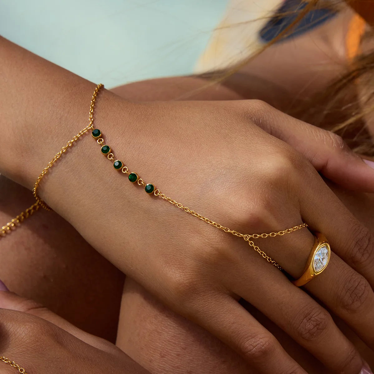 Summer Jewelry Zircon Charm Pendant 18K Gold Stainless Steel Green Zircon Chain Finger Bracelet