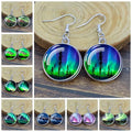 Northern Lights Art Picture Glass Cabochon Dangle Earring Silver Plated Alloy Drop Earrings Luminous Ear Jewelry for Women