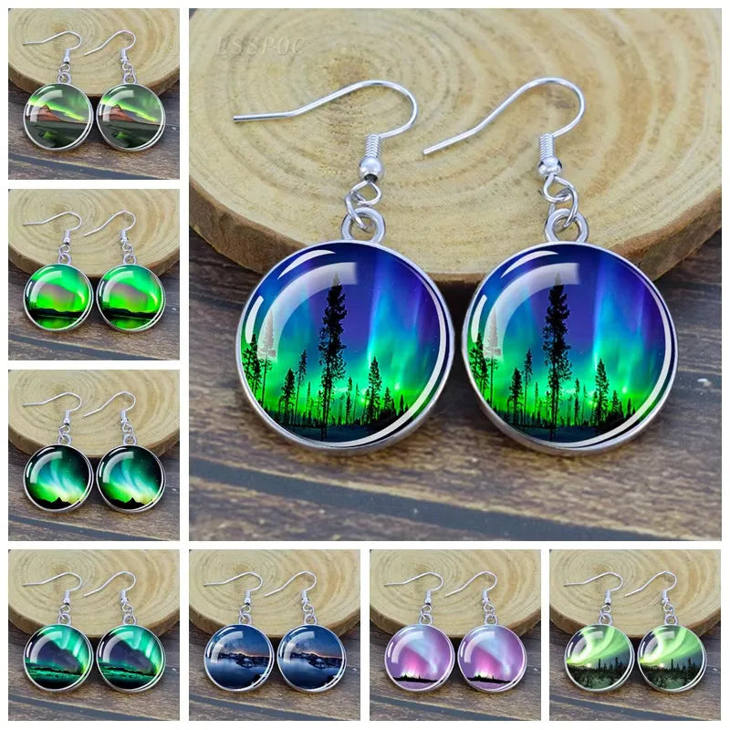 Northern Lights Art Picture Glass Cabochon Dangle Earring Silver Plated Alloy Drop Earrings Luminous Ear Jewelry for Women