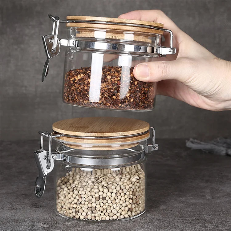 Aeofa  High Borosilicate Glass Stainless Steel Buckle sealed tank Stackable Glass Storage Jar with Bamboo Lid