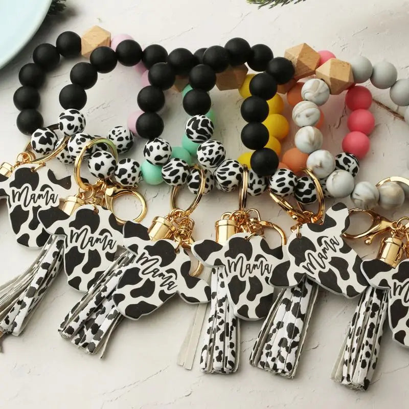 Custom 2024 New Hot Leopard Print Silicone MAMA Bead Keychain Bangle Bracelet Heart Tassel Wristlet Mother's Charm Gift for Her