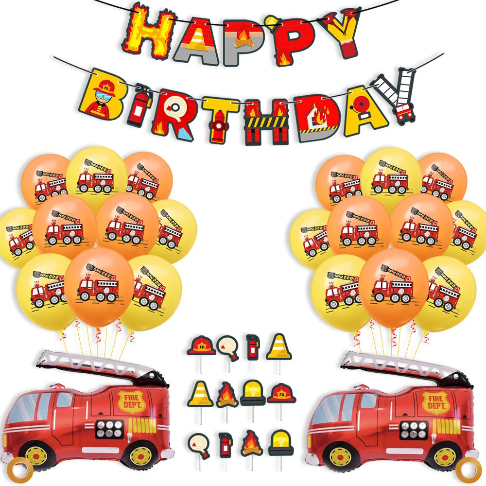 Construction Engineering Theme Fire Truck Party Decoration Set Includes Banner Cupcake Topper for Kid Boy's Birthday X4039