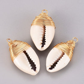 PandaHall Vintage 5pcs or 30 Pcs Golden Tone Brass Findings Seashell Color Natural Cowrie Shell Pendants Gold Plated