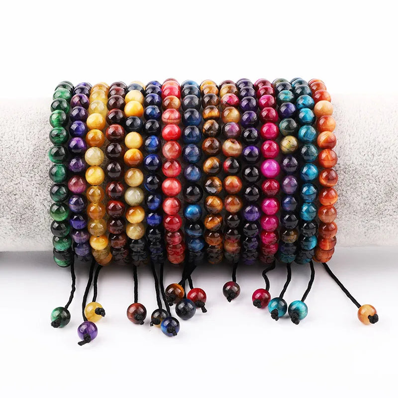 6/8mm Natural Colorful Tiger Eye Stone Beads Couple Bracelet Adjustable Braided Rope Macrame Healing Bracelets Men Women