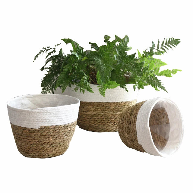 High-quality Handcrafted Flowerpot Two-color Waterproof Grow Container Round Straw Woven Planting Basket