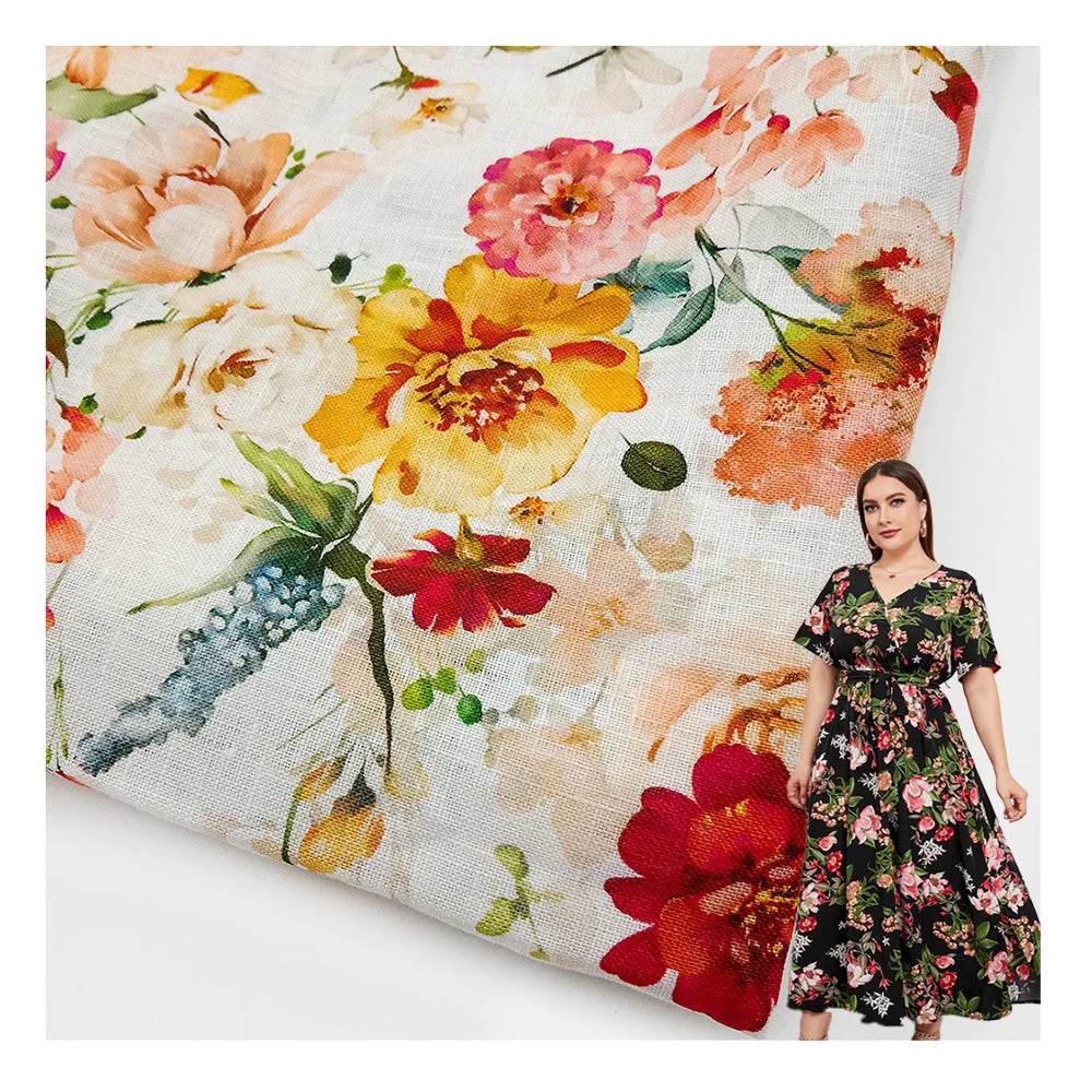 Custom Breathable Friendly Digital Printed Design 100% Linen Flower Printed Linen Fabric for Garment