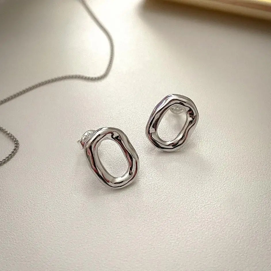 Safe Geometry Studs Hypoallergenic 925 Sterling Silver Oval Earrings Architectural Line Minimalist Jewelry for Sensitive Ears