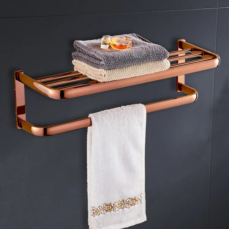Wholesale Rose Gold Bathroom Towel Rack Wall Mount Towel Shelf Stainless Steel Double Tiers Towel Holder