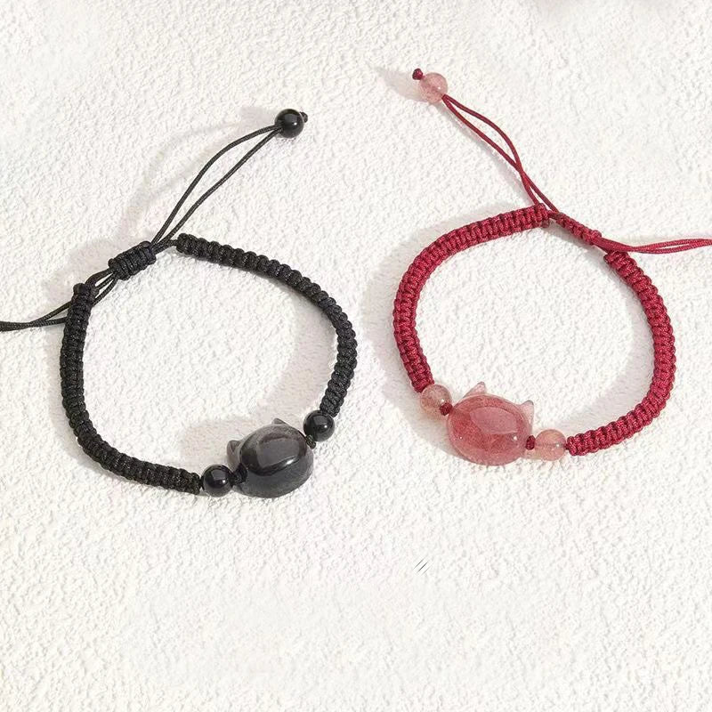 Adjustable Black Red Lucky Cat Head Charm Bracelets Cute Animal Kitten Hand Braided Simple Style Fashion Jewelry for Women Men