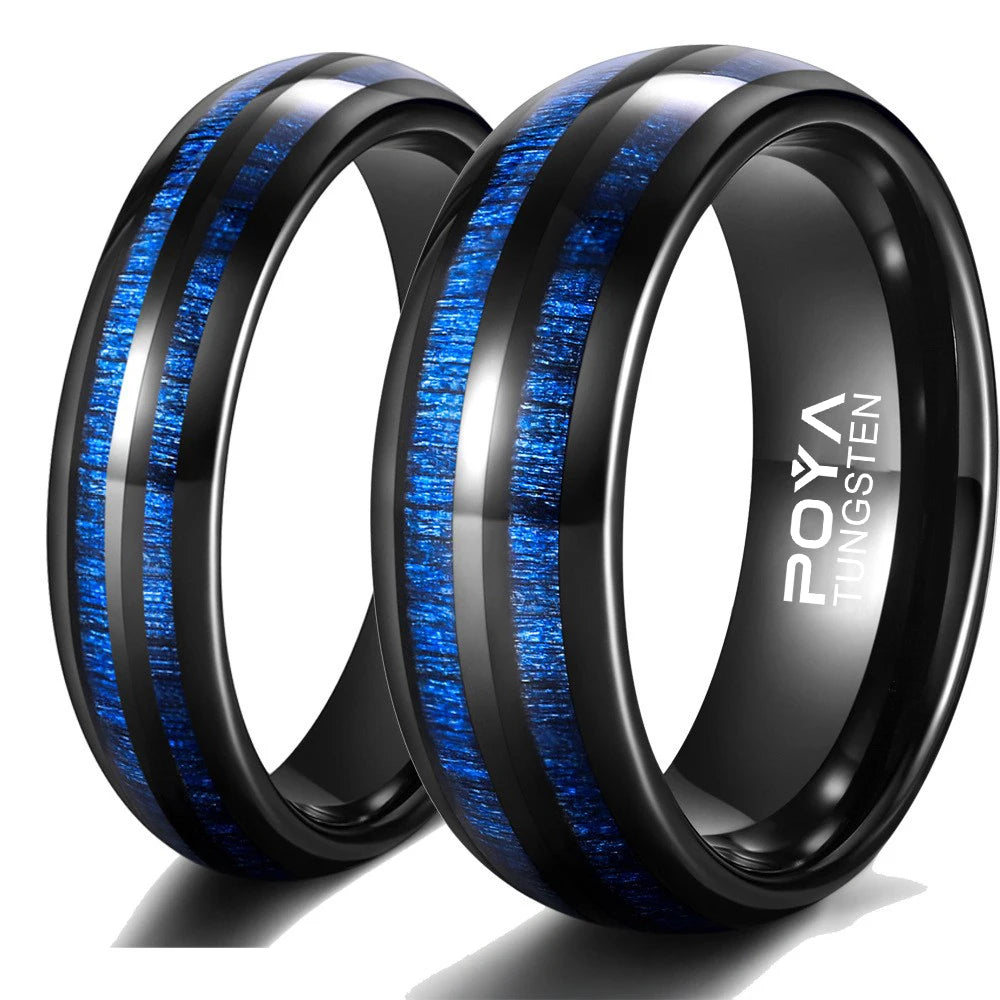 POYA Dual Channel Domed Black Blue Wedding Band Maple Wood Inlay Tungsten Ring Gift for Men Women