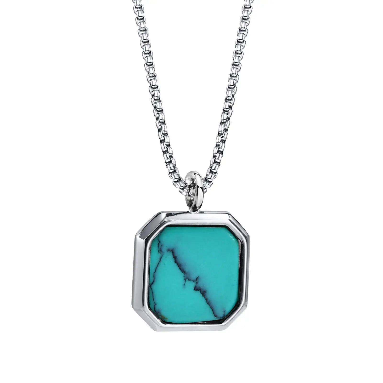 High Quality Natural Stone Square Pendant Necklace Mens Necklace Stainless Steel Long Chain Jewelry Turquoise Pendant Necklace