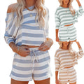 2026 Custom Logo Striped Print Round Collar Long Sleeve Casual Suit Home Wear Knitted Ladies Cotton Loungewear ODM OEM