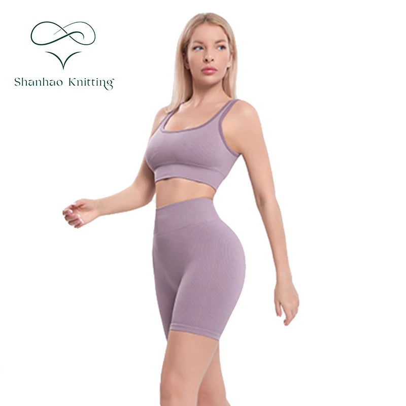 Women's High Waist Breathable Eco-Friendly Sport Set Workout Running Scrunch Tummy Top and Yoga Short Pants