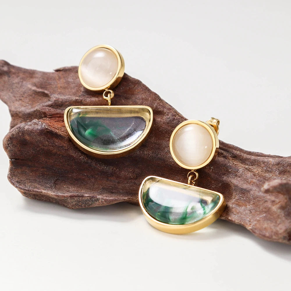 Chris April Fashion Jewellery 316L Stainless Steel Cat's Eye Gem Pendant Resin Dangle Drop Earrings