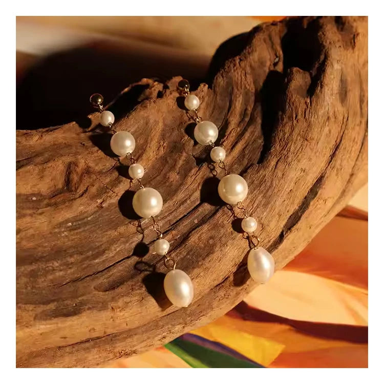 Chris April 316L Stainless Steel PVD Gold Plated Glass Pearls Freshwater Pearl Tassels Long Drop Earrings