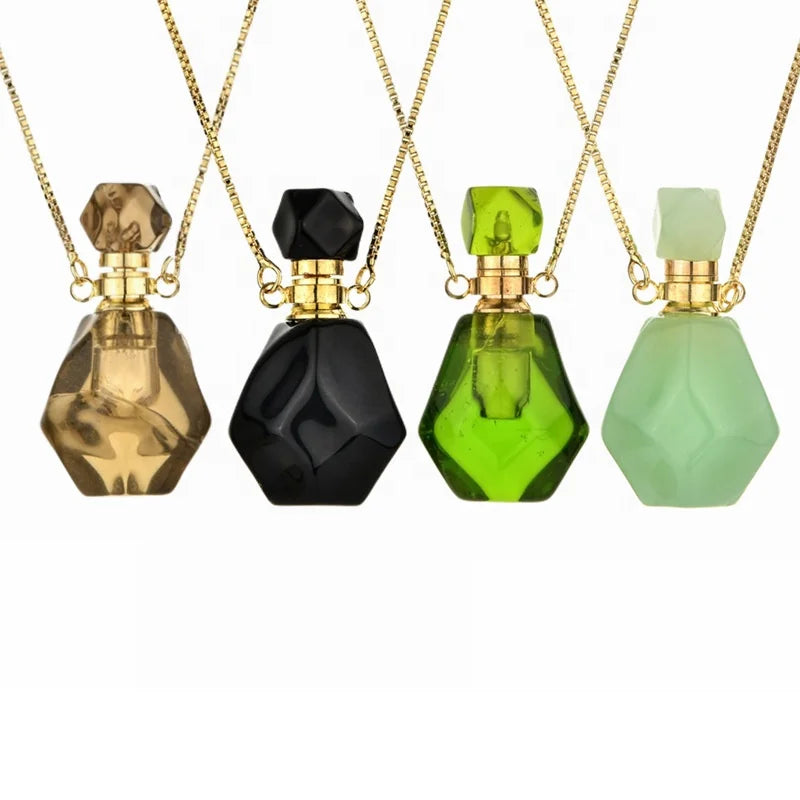 Charm Natural Healing Stone Crystal Flame Shaped Perfume Bottling Necklace Essential Oil Diffuser Bottle Pendant Necklaces