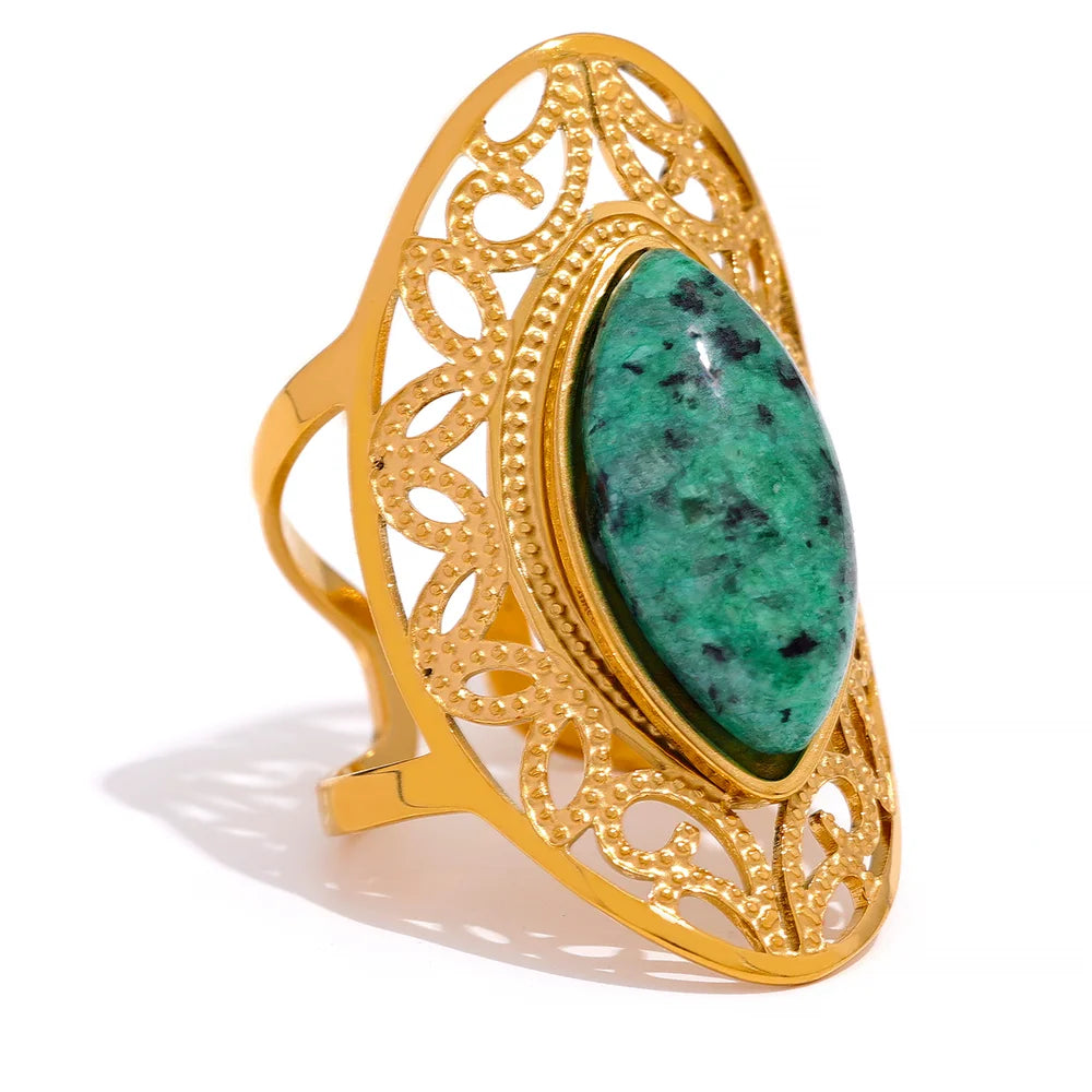JINYOU 1983 Vintage Green Natural Stone Stainless Steel Open Ring Geometric Gold Color Stylish Hyperbolic Trendy Jewelry Women MegaBDM
