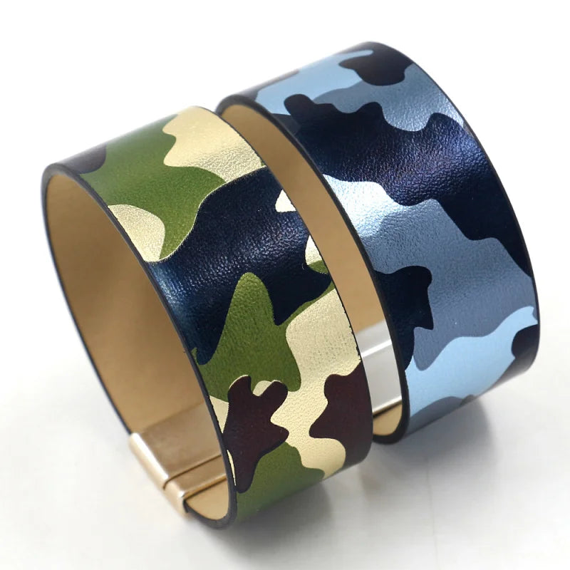 Fashion Personality Camouflage Pattern Imitation Leather Wide Bracelet Handstrap Magnetic Buckle Bracelets for Women