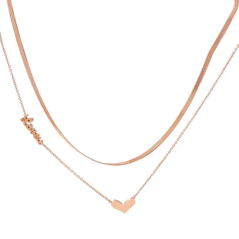 AA01409 Two Layers Stainless Steel 18k Gold Heart Pendant Necklace Charm Chain Choker Necklace Women Jewelry