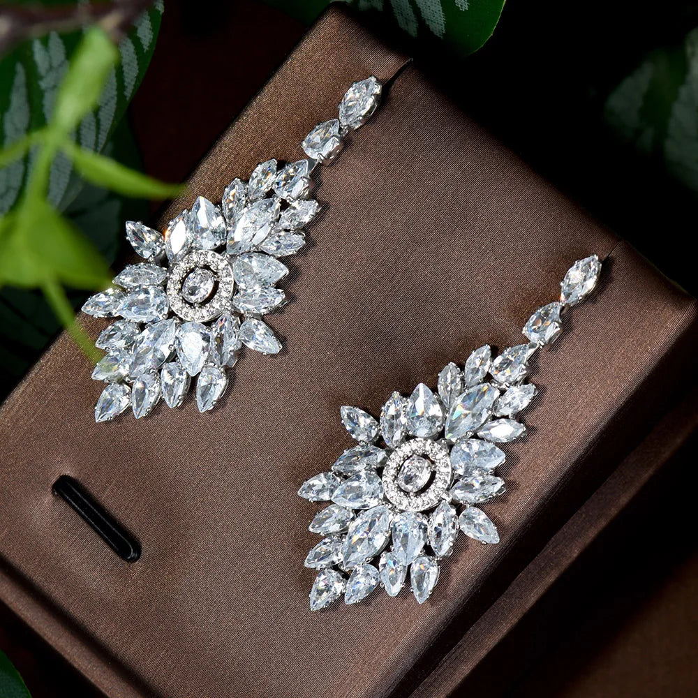HIBRIDE Bling White Round Cubic Zirconia Dangling Bridal Party Wedding Earrings for Women CZ Jewelry Gifts E-807