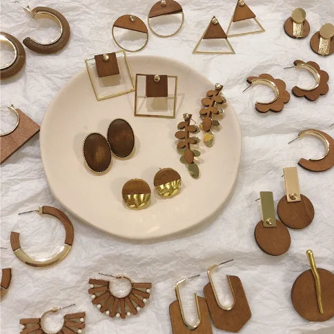 Big Wood Dangle Earrings Geometric Square Flower Retro Gold Drop Earrings Ethnic Jewelry for Women
