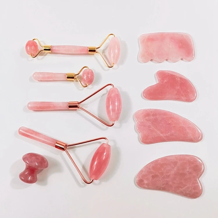 HZ 100% Natural Rose Quartz Roller Double Head Jade Face Massage Roller Set Jade Roller