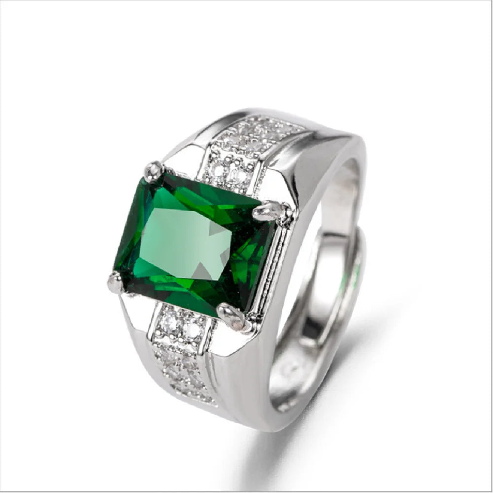 Fashion Brass Alloy Zircon Emerald Ring for Men Charm Sapphire Gem Rings Jewelry