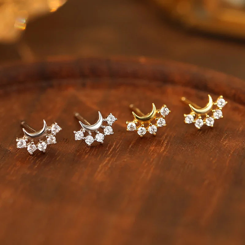Factory Dropshipping Silver Earrings Jewelry S925 Sterling Silver Stud Earrings Minimalist Zircon Moon Stud Earrings Women