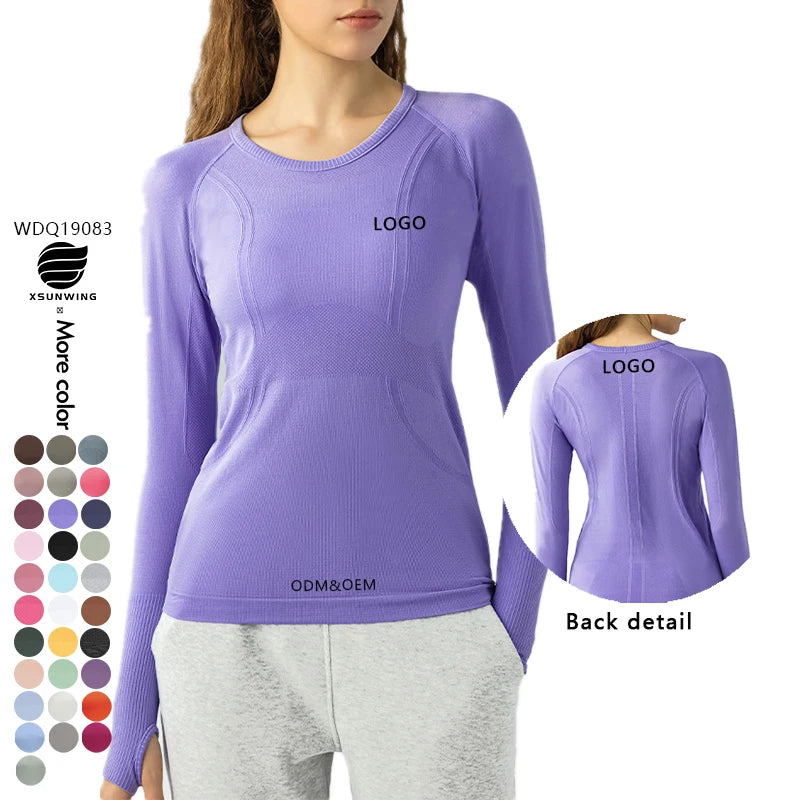 Xsunwing  Women's Gym Wear Equestrian Long Sleeve Seamless Yoga Tops Running Athletic Workout Shirt With Thumb Holes WDQ19083