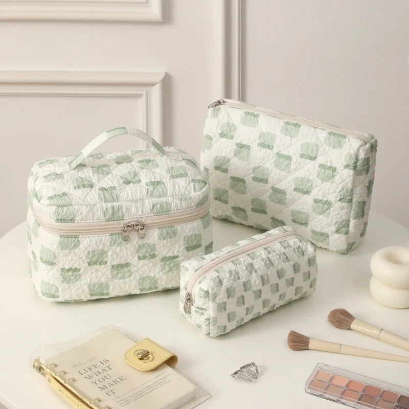 3 Pieces Cotton Quilted Makeup Bag Set Coquette Cosmetic Bag Aesthetic Travel Toiletry Pouch Cute Pouch Aesthetic for Women