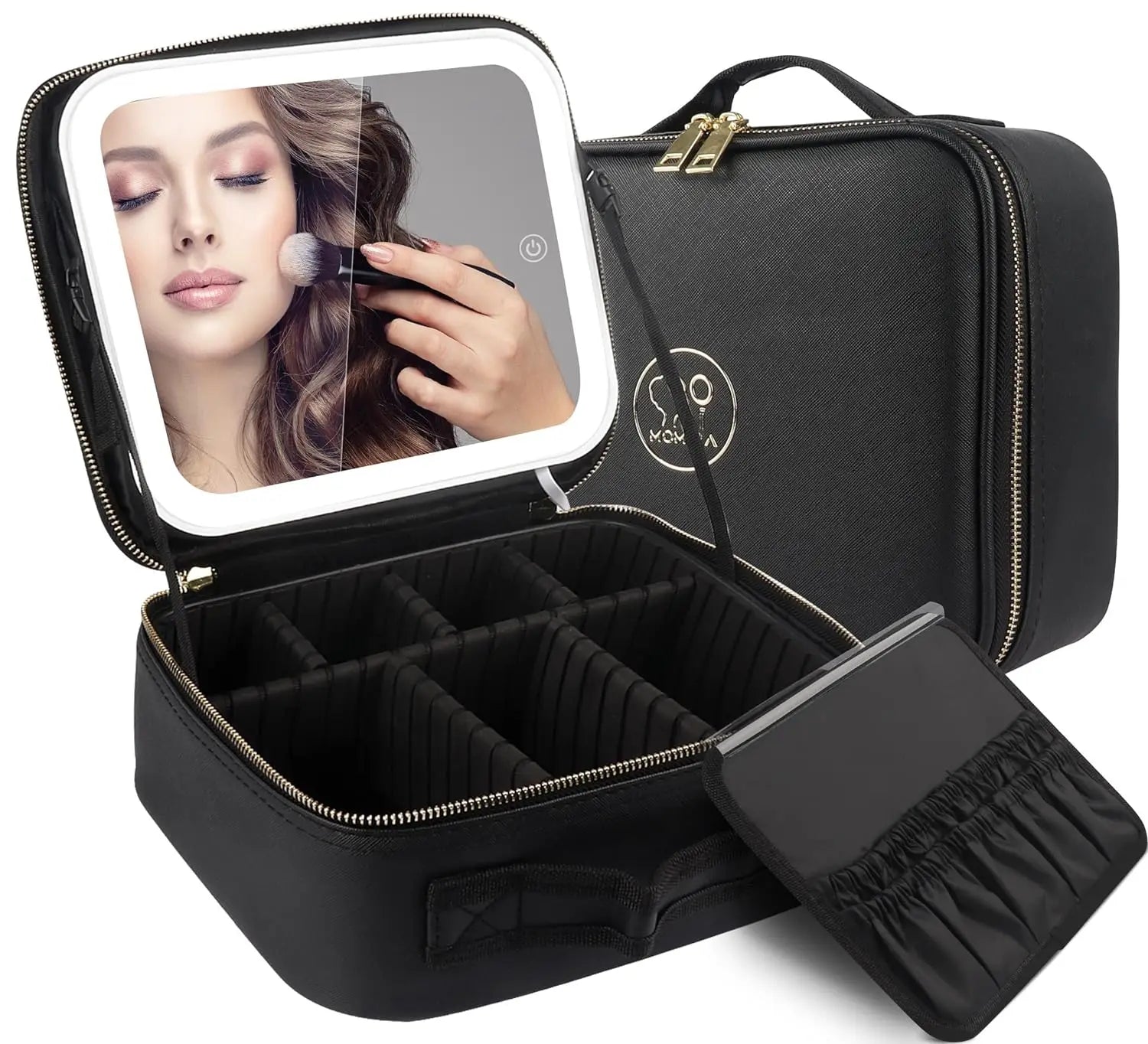 Portable Fashion PU Makeup Bag with Mirror and Light Travel Train Case Cosmetic Organizer Artist Storage Zipper Closure