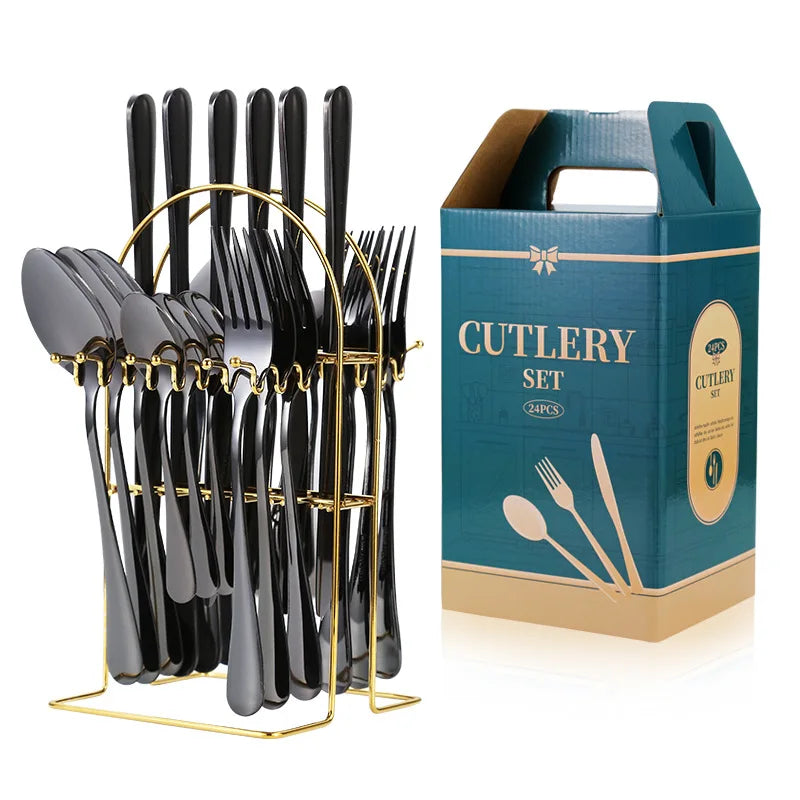 Best Seller Shiny Polishing 24 Piece Black Stainless Steel 18/0 Restaurant Flatware Set Cutlery