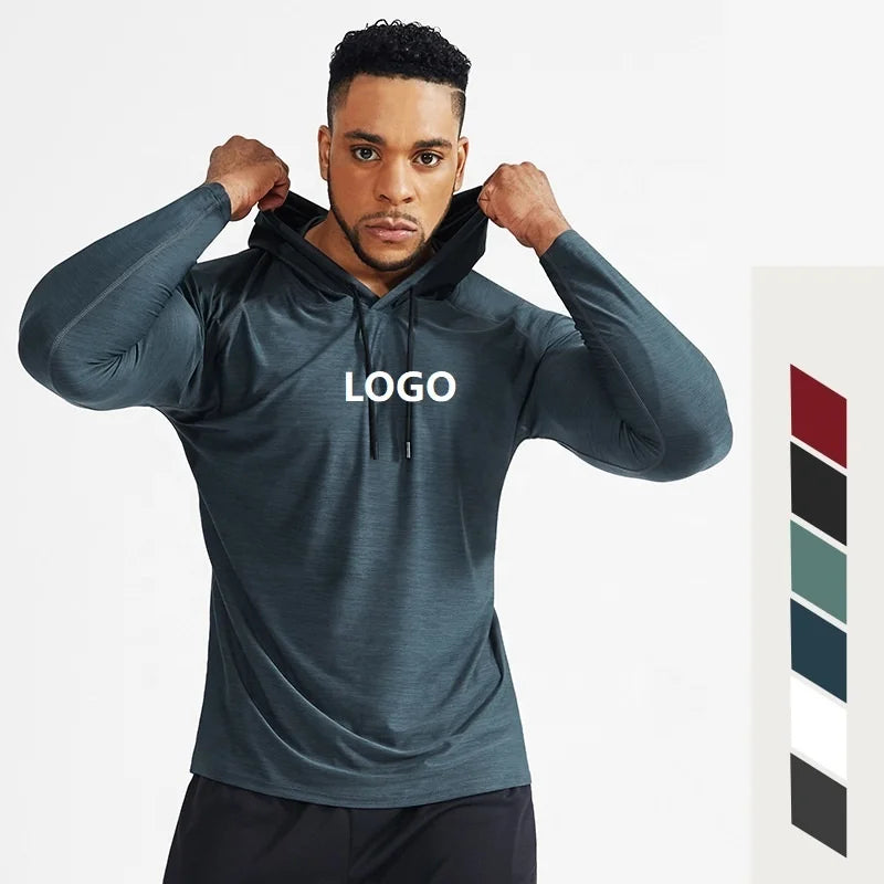US Size GYM Hoodie Dropshipping Custom Logo Polyester Long Sleeve Muscle Fit T Shirt GYM Workout Fitted Hoodie for Men