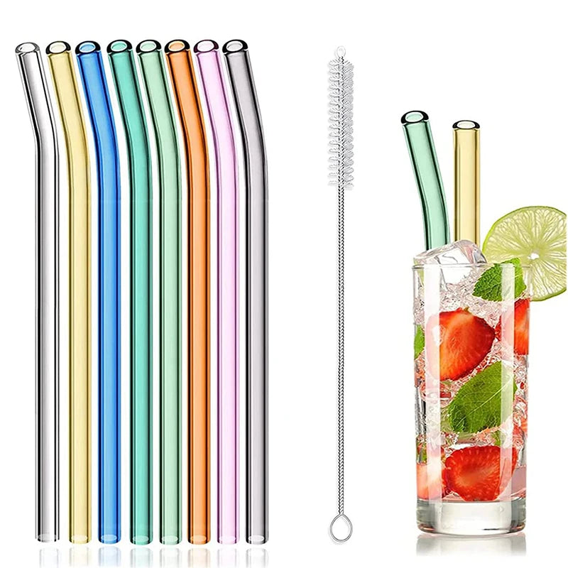 4 Pcs Straight Bent Reusable Drinking Glass Straws Set Cleaning Brush Colorful Bar Accessories for Smoothies Juice MOQ 10 Pcs