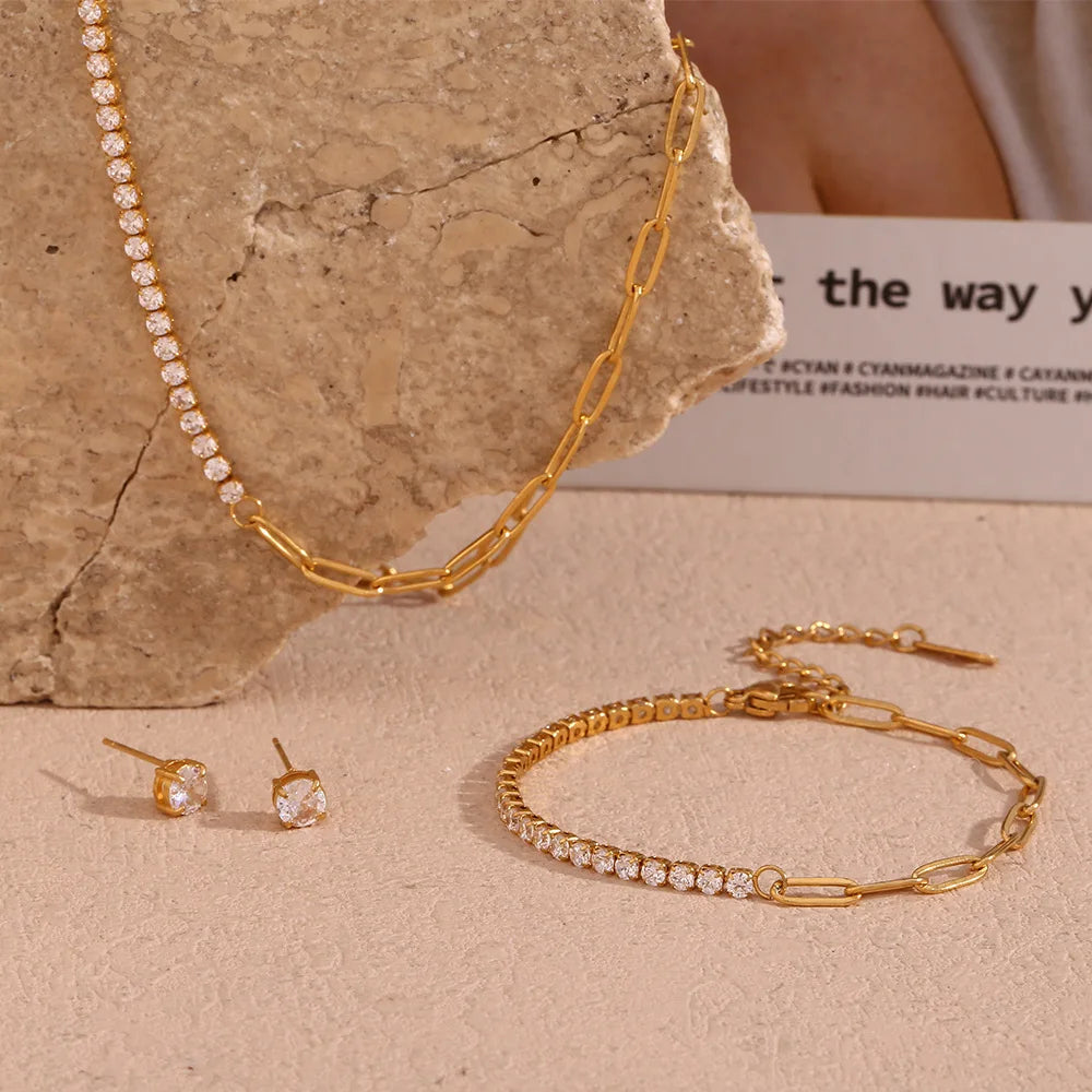 Fashion Chic Necklace Stainless Steel Jewelry Set 18K Gold Plated Zircon Tennis Chain Spliced Paper Clip Bracelet Earrings