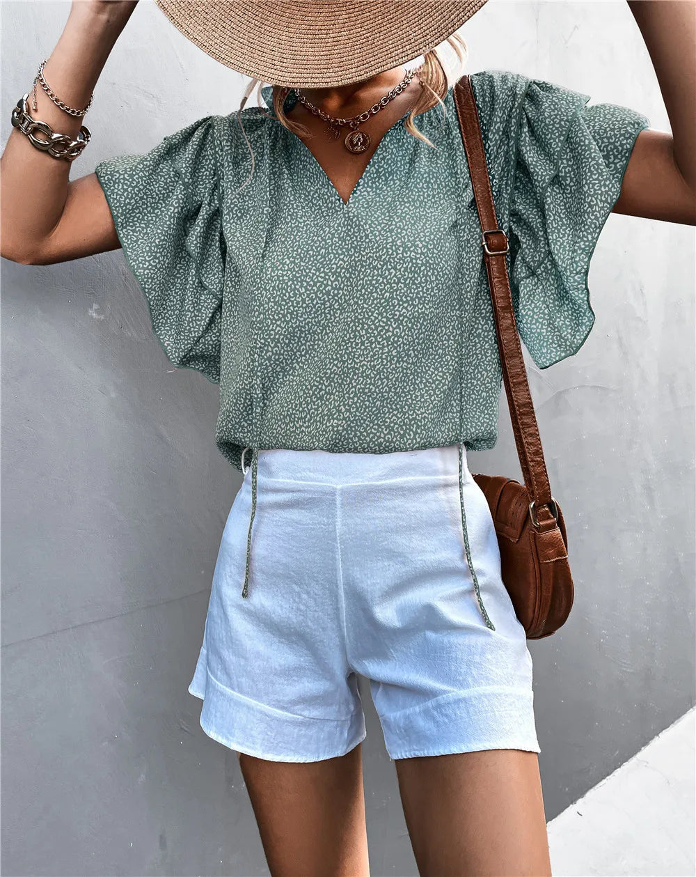 Women Shirts & Blouse Top Leisure Chiffon Top Blouses for Summer Leopard Ruffles Sleeves Ladies Casual Short Sleeve Printed S-XL