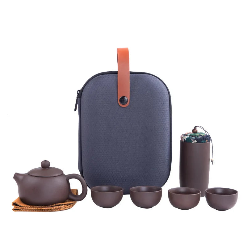 Travel Tea Sets Chinese Kung Fu Ceramic Teapot Portable Handmade Purple Clay Teapot Teacups All in One Gift Bag for Adults