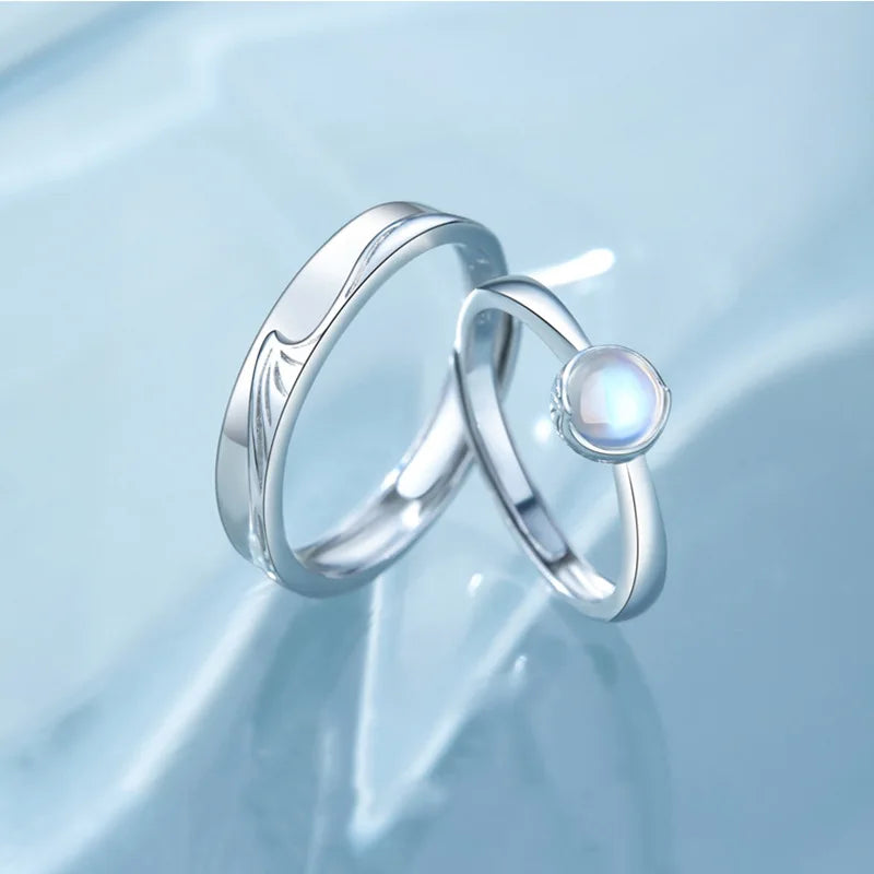 New Trendy Sweet Lover Sea Moonstone Couple Ring Trend Personality Open Ring for Lover Men Women Moonstone Finger Ring