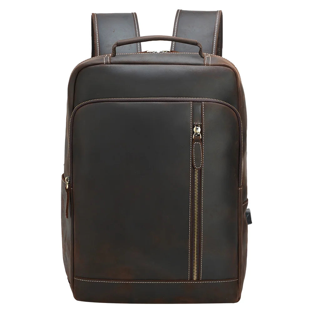 Vintage Custom Logo Men's Genuine Cow Leather Backpack Dark Brown Leather Laptop Back Pack for Daily