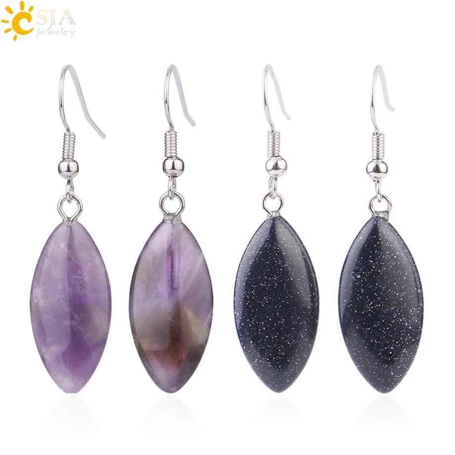 CSJA Wholesale Horse Eye Amethyst Quartz Jewelry Natural Gem Stone Turquoise Dangle Earrings Simple Ear Jewellery for Women F978