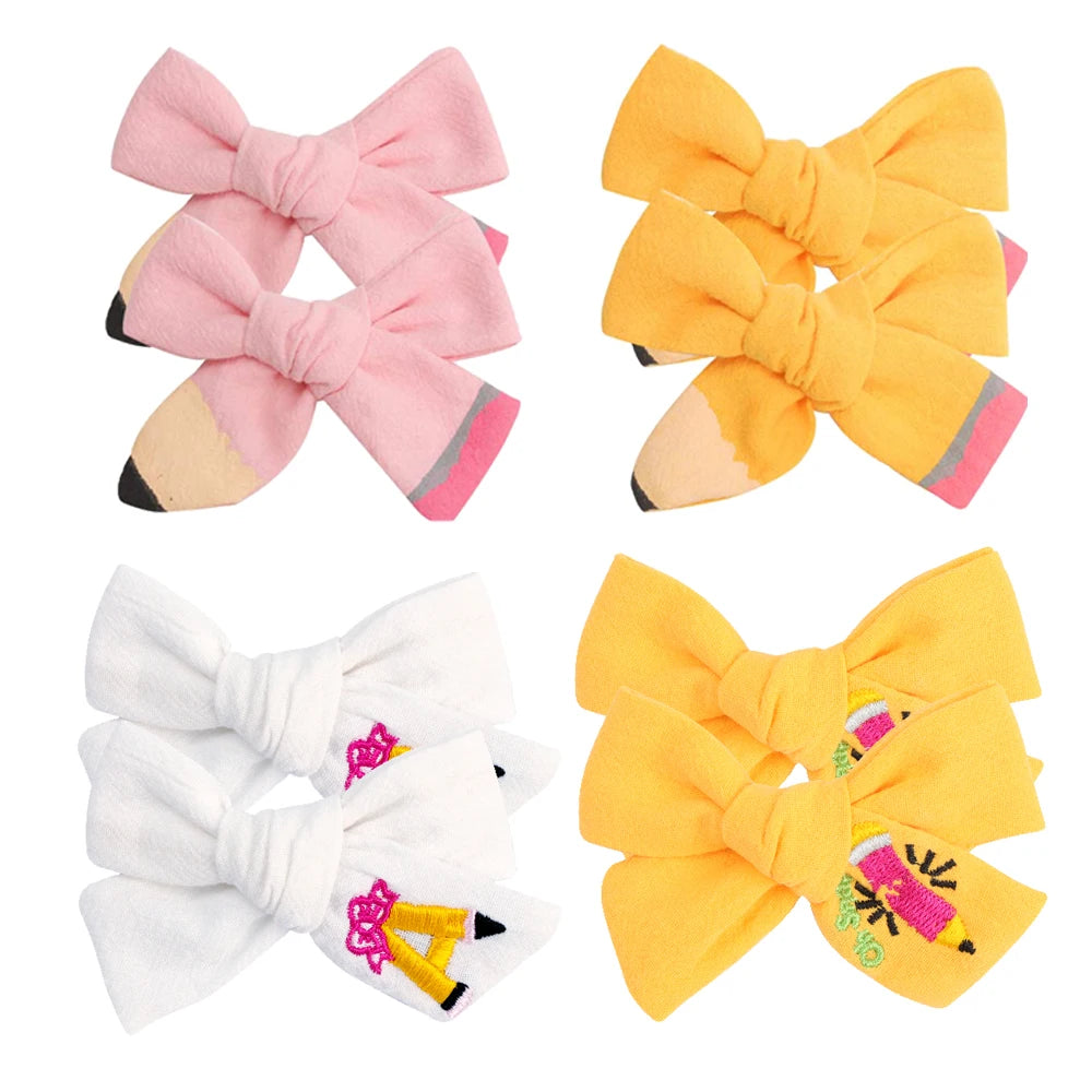 2pcs/Set Boutique Handmade Hair Clips Embroidery Fabric Yellow Back to School Pencil Hair Bows for Kids