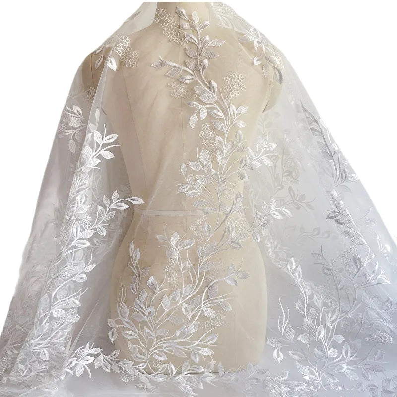 White Bride Wedding Luxurious 3D Embroidered Lace Mesh Fabric Pearls 100% Polyester Traditional Dress Fabric 150cm Width Warp