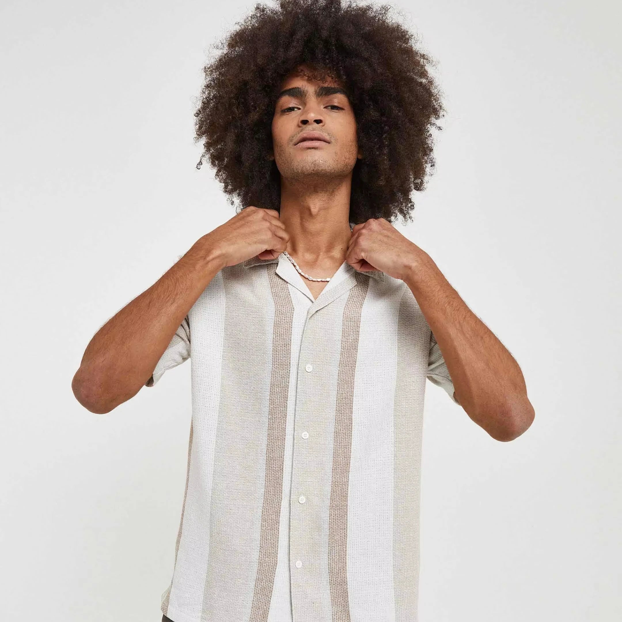 Empire Men's Beis Casual Summer Breathable Cotton Structured Striped Shirt with Regular Fit Short Sleeve Button Collar Size S