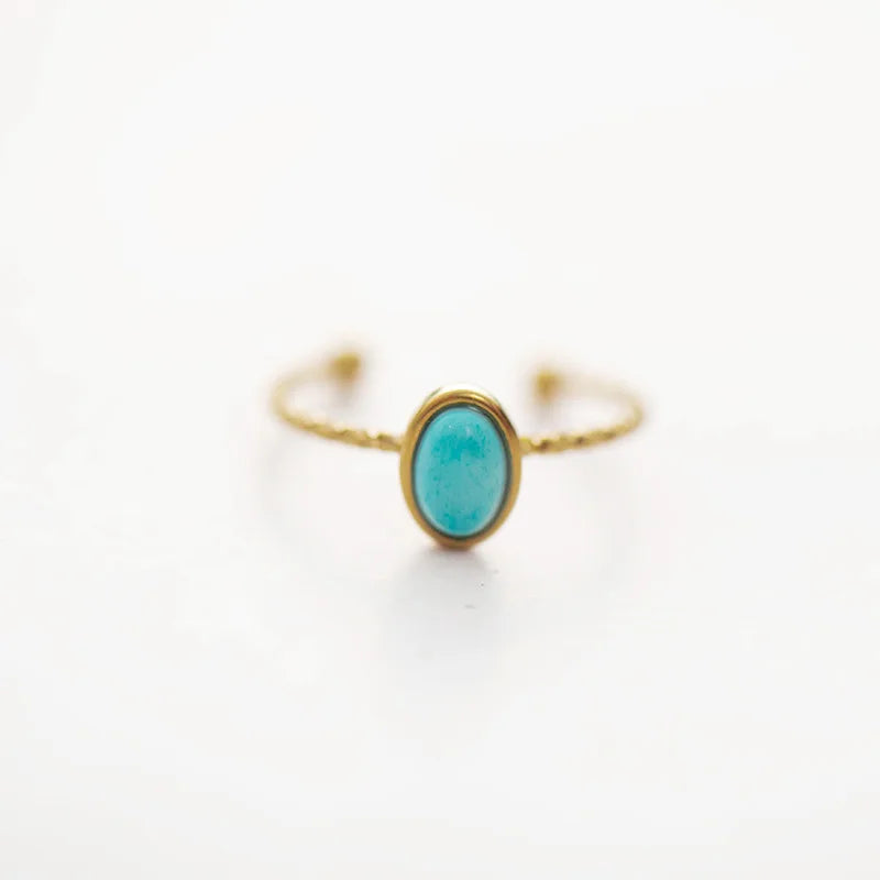 Hot Selling Creative Adjustable Stainless Steel Ring Oval Turquoise Natural Stone Open Ring