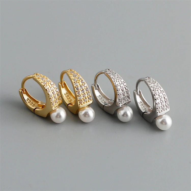 Geometric Simple Pearl Zircon Hoop Earrings 18k Gold 925 Sterling Silver Pearl Hoop Earring