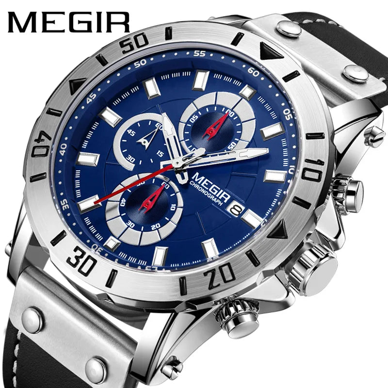 MEGIR 2081 Mens Watch Casual Business Chronograph Wristwatch Date Gift Leather Clock Watches Men Wrist Relogio Masculino