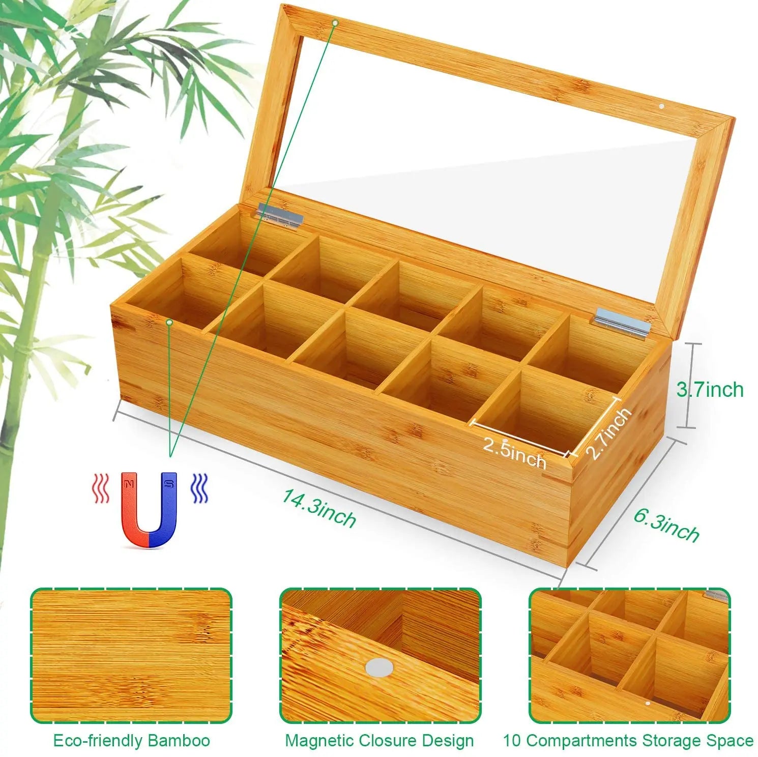 TaiLai Polished Bamboo Tea Box Storage Organizer with 10 Compartments Wooden Craft for Small Items and Accessories