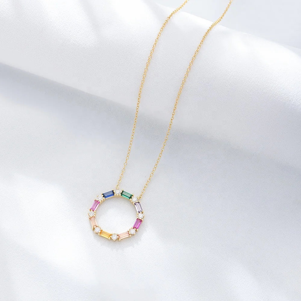 Wholesale Fashion Personality S925 Sterling Silver Colored Ladder Square Rainbow Zircon Ring Pendant Necklace Fine Jewelry