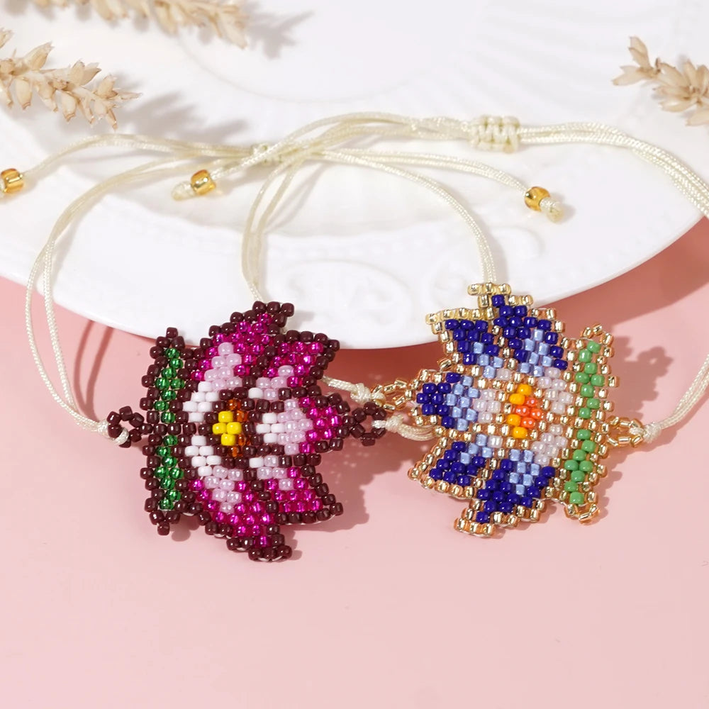 Go2boho Trad Bohemian Design Women's Fashion Jewelry Braided Delicate Flower Charms Colorful Glass Beaded Bracelets for Daily